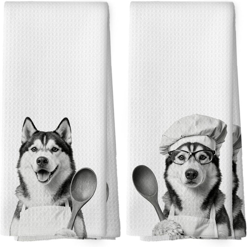 Mcehtle Funny Siberian Husky Kitchen Towels Set of 2, Dog Kitchen Accessories, Dog Chef Gift Hand Towel, Gifts for Dogs Mom Lovers Women, Dining Room Decorative Tea Towel Dish Towels 16x24 Inch - Image 1